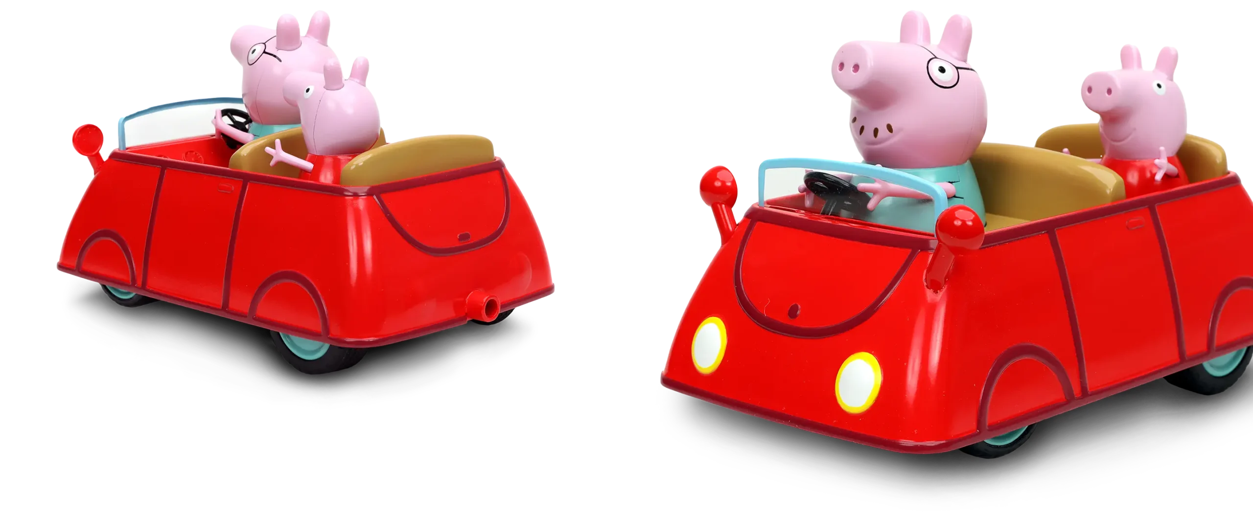 peppa-hero_final Front and back view of Daddy Pig driving Peppa Pig in red car R/C